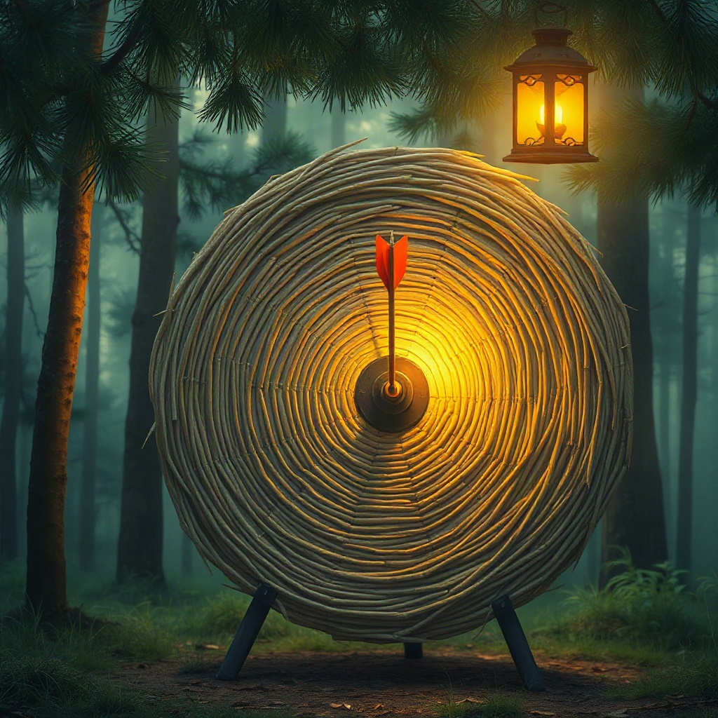 A straw archery target in a misty pine forest at dawn, one golden...