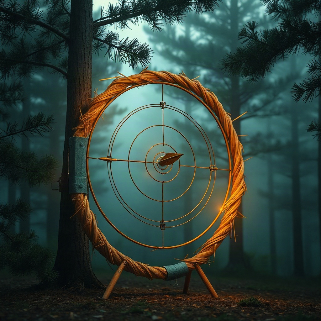 A straw archery target in a misty pine forest at dawn, one golden...