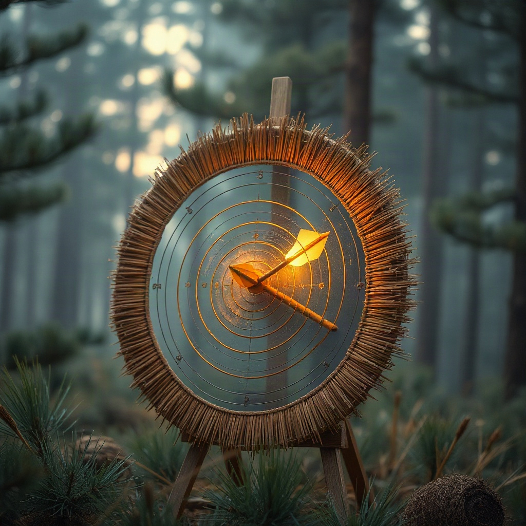 A straw archery target in a misty pine forest at dawn, one golden...