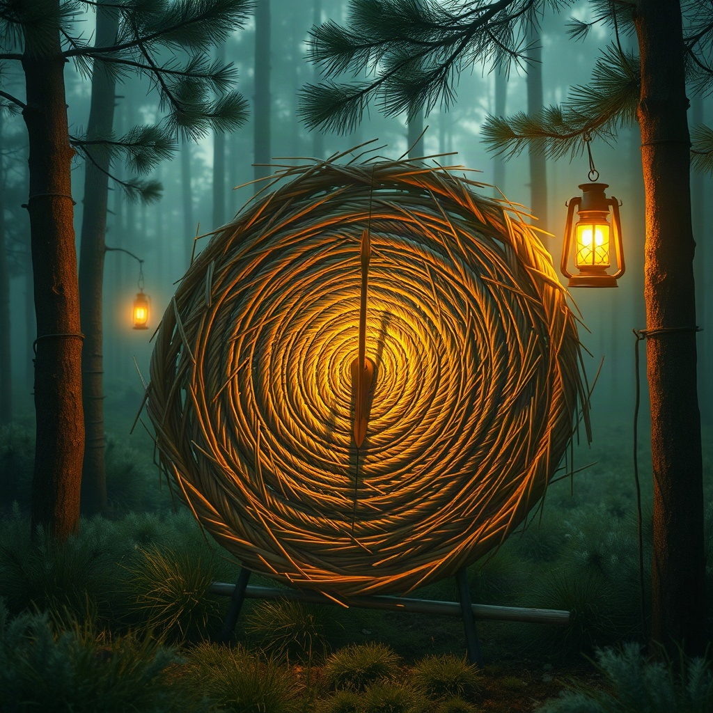 A straw archery target in a misty pine forest at dawn, one golden...