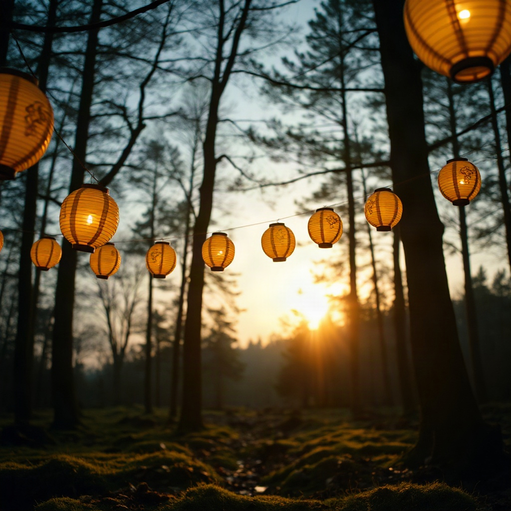 A row of paper lanterns hanging over a forest archery range at...