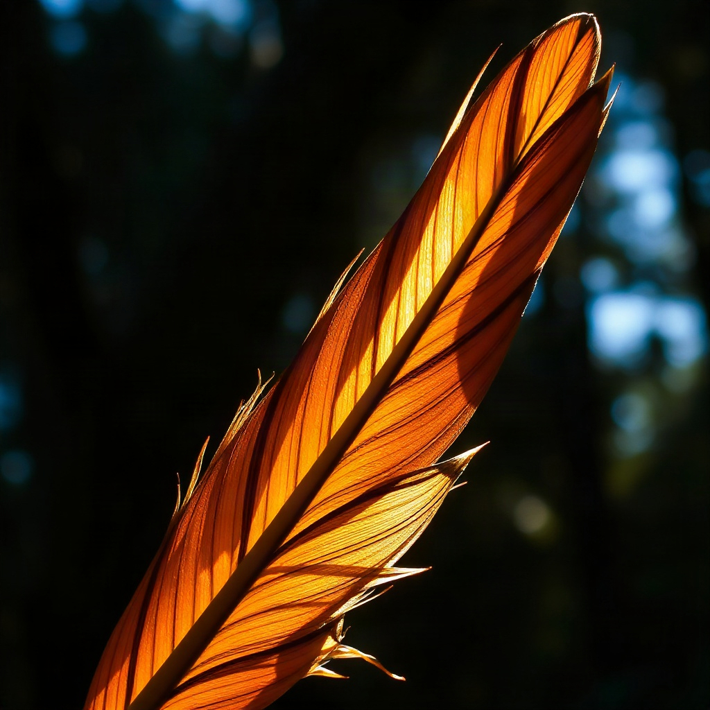 Close up of arrow fletching made of pheasant feathers, lit by a...