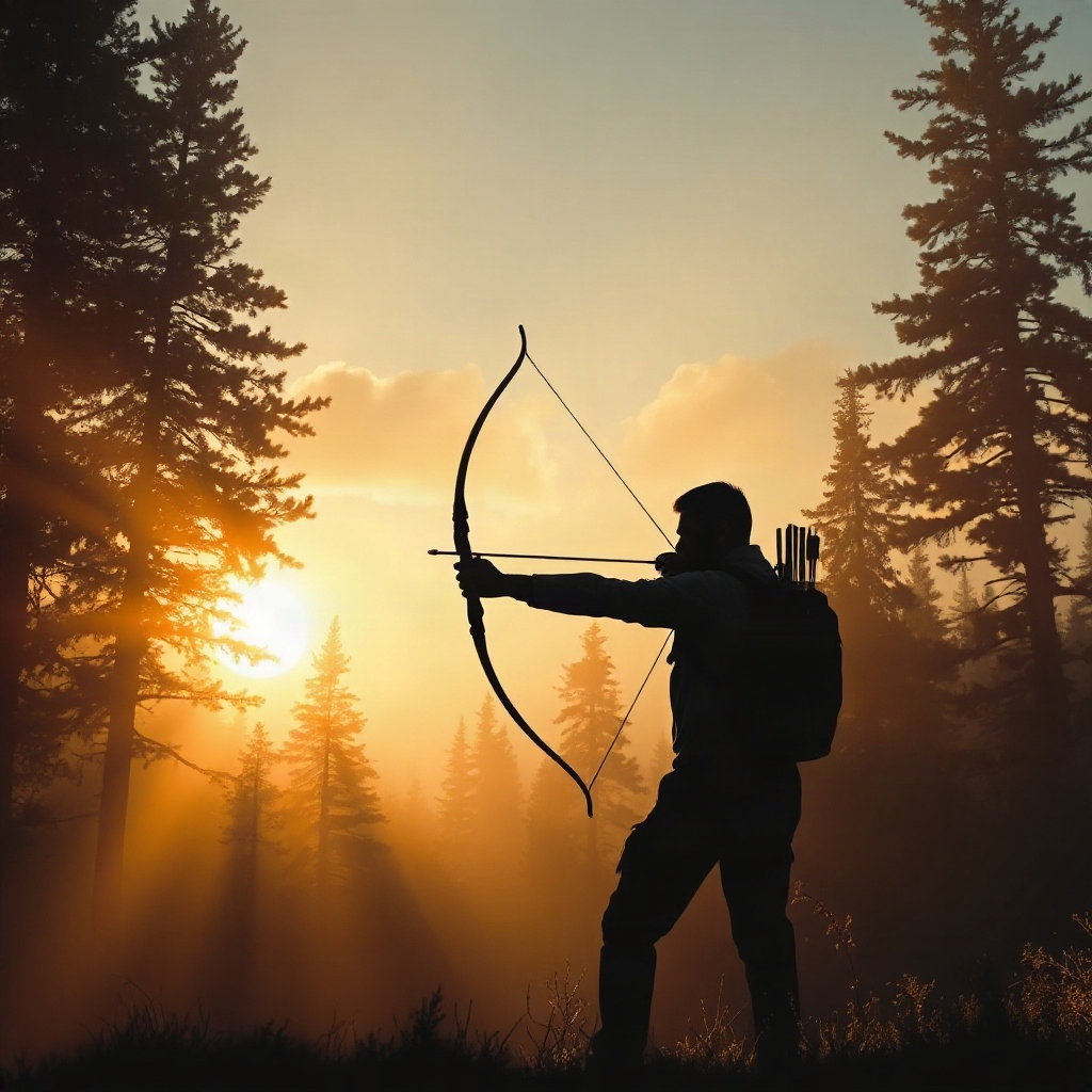 An archer silhouetted against golden fog between tall pines, bow...