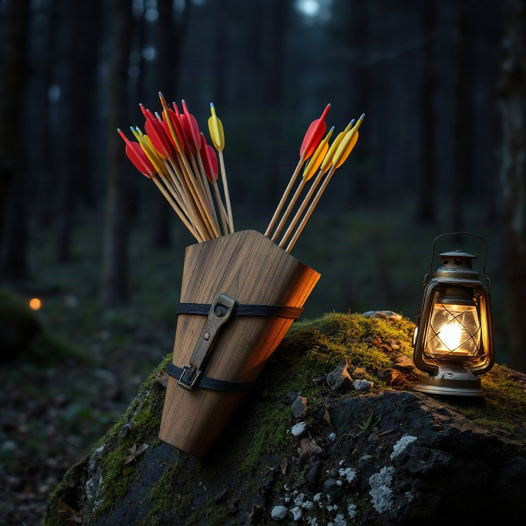 A wooden quiver full of arrows leaning on a mossy stone, a brass...
