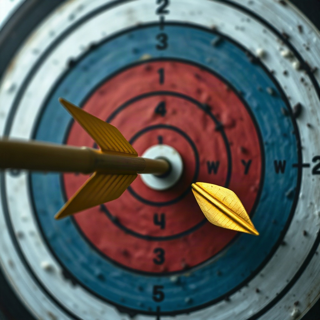 a golden arrow splitting another arrow in the bullseye, cinematic